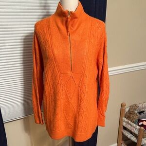 Talbots Cable Knit Pumpkin Orange Mock Neck 1/4 Zip Sweater